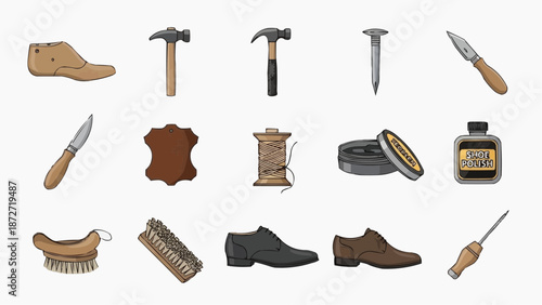 Shoemaking process illustration with various tools and leather goods displayed