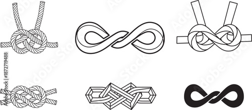 Rope Knot and Infinity Loop Symbols – Nautical Binding Icons, Sailing Rope Ties, Decorative Endless Loop Vector Pack