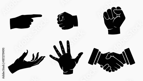 Various hand gestures and actions depicted in black silhouettes against a plain background, showcasing different hand positions and interactions in a clear visual representation.