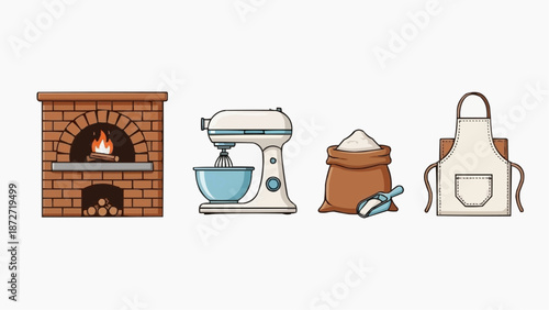 Baking scene with oven, mixer, flour, and apron in a kitchen environment viewed from the front.