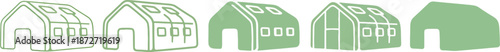 A horizontal row of five green icons representing temporary emergency shelters or tents Vector