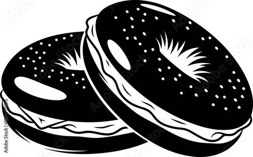 Silhouette of two everything bagels with cream cheese spread