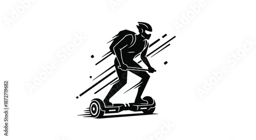Dynamic silhouette of a person with a backpack riding a hoverboard with speed lines