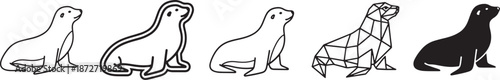 A diverse set of five illustrations showing different artistic interpretations of a seal Vector