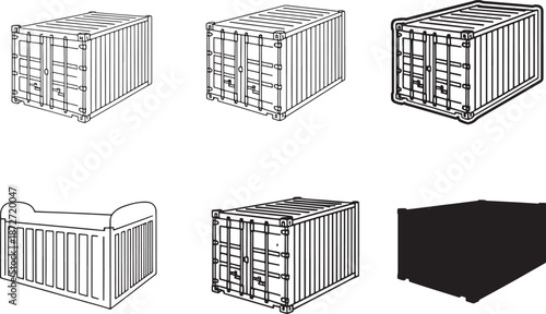 A collection of eight black and white vector illustrations depicting shipping containers from different angles and styles Vector