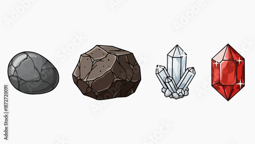 Illustration of various gemstones and minerals displayed in a row on a plain background