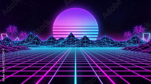 Retrowave neon landscape with palm trees and digital grid. 80s sci-fi synthwave aesthetic background.