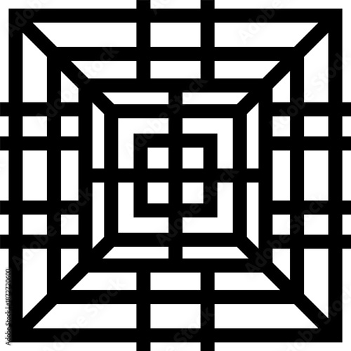 Intricate Black And White Geometric Maze Pattern With Square Rings And Optical Illusion Effect