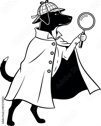 A dog detective in silhouette dressed as sherlock holmes investigating with a magnifying glass