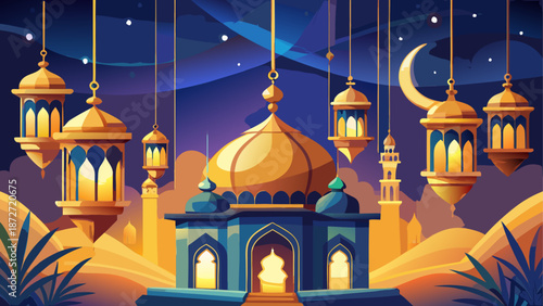 Beautiful mosque with lanterns hanging in the night sky