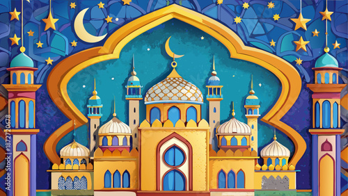 Beautiful mosque with crescent moon and stars