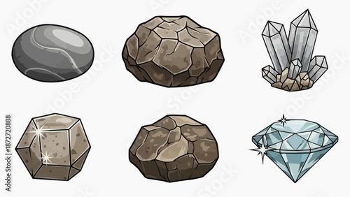 A collection of precious stones and crystals illustrated in a graphic style