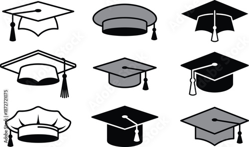 Fotografija Graduation cap vector set, academic hat collection, diverse mortarboard styles,
