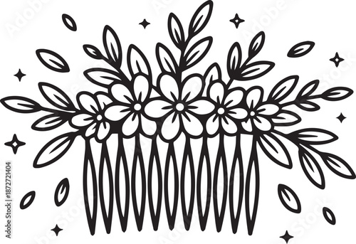 Elegant floral hair comb decoration with many stylized blossoms and leaves surrounded by sparkles