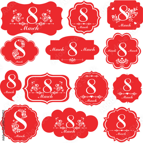 8 march Women's Day. Collection  design elements isolated on White background. Ideal for print, postcard, social media, promo. Set Retro colorful Tag Seasonal holiday. vector illustration 