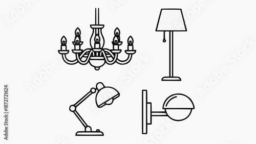 Various lighting fixtures including chandeliers, lamps, and sconces illustrated in a minimalist line art style from a straightforward viewpoint