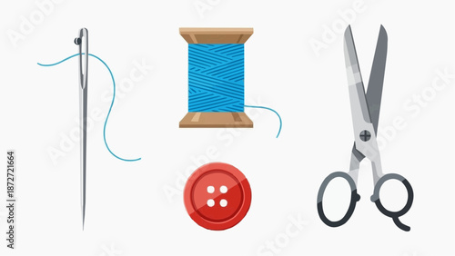 Sewing tools including needle, thread, button, and scissors arranged on a white background