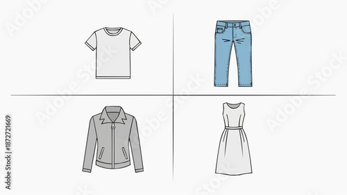 Four distinct clothing items displayed in a grid layout on a plain background