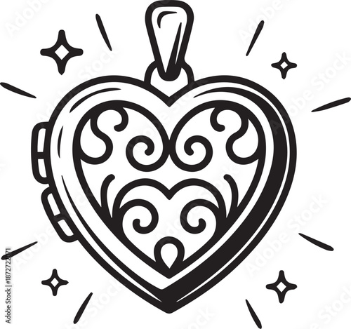 Ornate heart-shaped locket silhouette with swirling filigree and star accents isolated on transparent background
