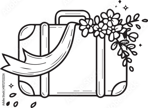 Travel suitcase vector line art illustration with a decorative ribbon and a bouquet of flowers on transparent background
