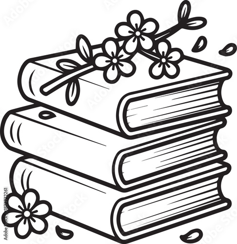 Stack of books decorated with blooming cherry blossom branch and scattered petals, outline drawing
