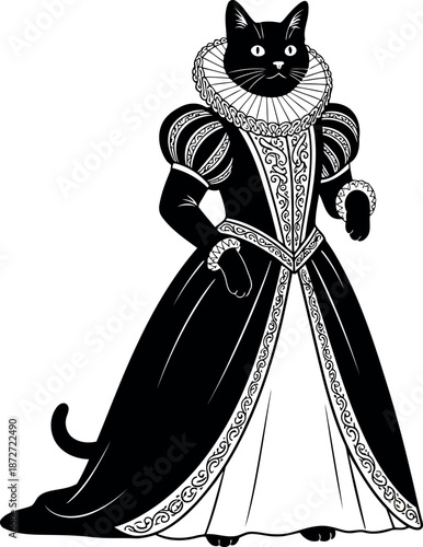 Black cat in elegant elizabethan silhouette dress with ruff and puffed sleeves
