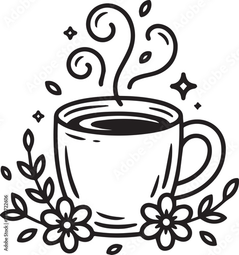 Hot coffee cup with steam and floral decoration, cozy morning, relaxation, cafe, beverage, greeting, invitation, illustration