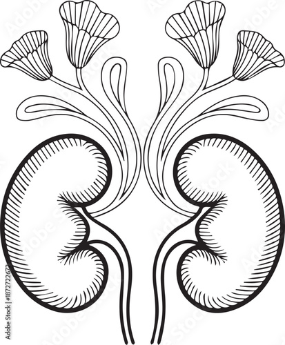 Decorative symmetrical vintage outline drawing of human kidneys with stylized floral elements