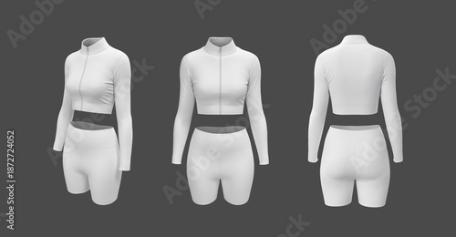 Women’s Cropped Full-Zip Jacket and Short Leggings Fitness Set Mockup. Front, Side and Back View