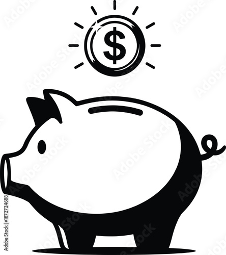 Vector illustration of piggy bank icon with dollar coin, savings symbol, financial planning graphic, investment concept, and money deposit design