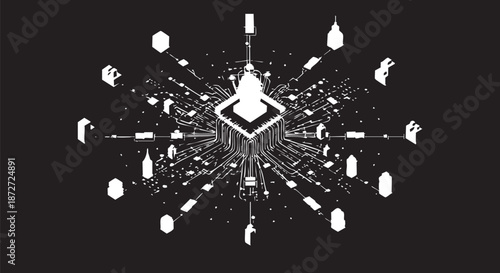 Abstract digital hub connecting diverse data points and services, illustrating global information flow, big data, AI, and a complex technological ecosystem.