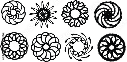 Collection of eight abstract circular designs with swirling patterns