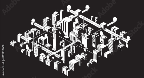 Abstract isometric grid network of interconnected pipes and architectural elements on a black background, representing complex infrastructure and data flow.