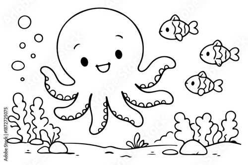Cute Cartoon Octopus Swimming with Fish Underwater in Ocean with Bubbles and Seaweed