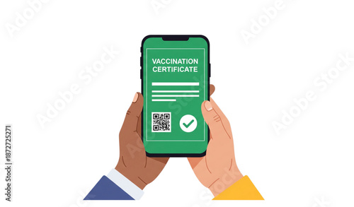 Digital green vaccination certificate on smartphone with QR code and check mark flat vector illustration isolated on transparent background