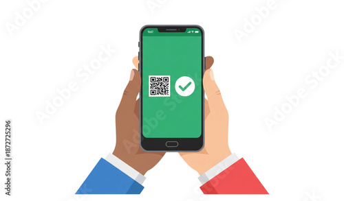 Vaccination certificate mobile app with QR code and verified check mark flat vector icon isolated on transparent background