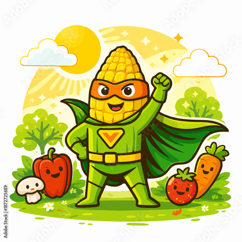 Corn superhero mascot with fruit friends promoting healthy snacks