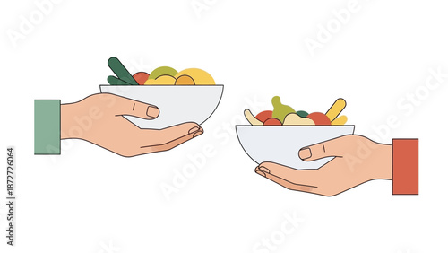 Two hands exchanging bowls of fresh vegetables and fruits