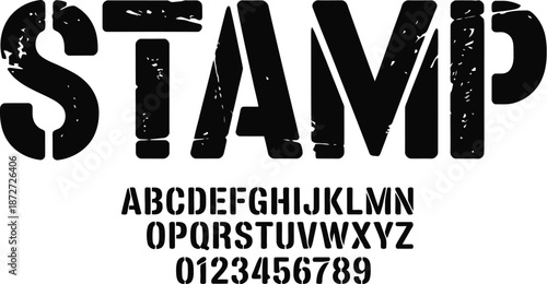Black distressed stamp text with alphabet and numbers 1
