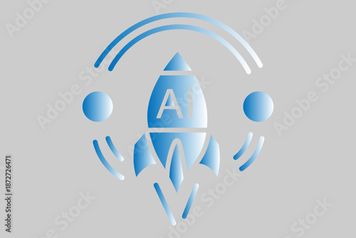 This is a conceptual flat illustration featuring a rocket ship as the central element, set against a neutral gray background.