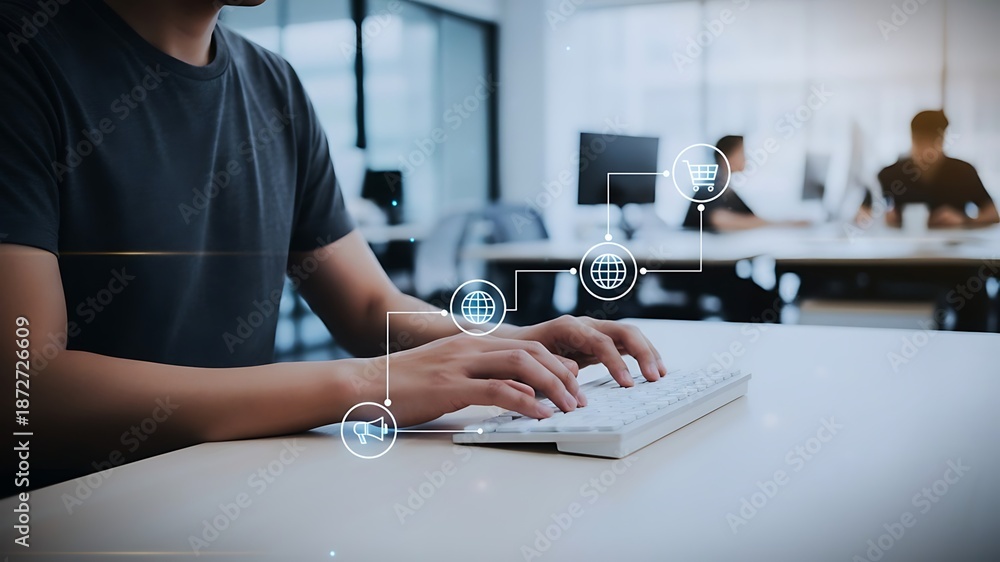 Fototapeta premium Software Developer Typing on Keyboard with Digital Coding Icons in Office Workspace