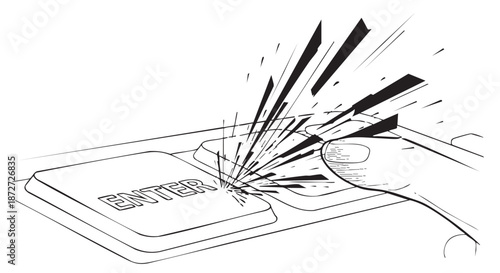Close-up of a finger pressing the enter key on a keyboard, with sparks flying out.