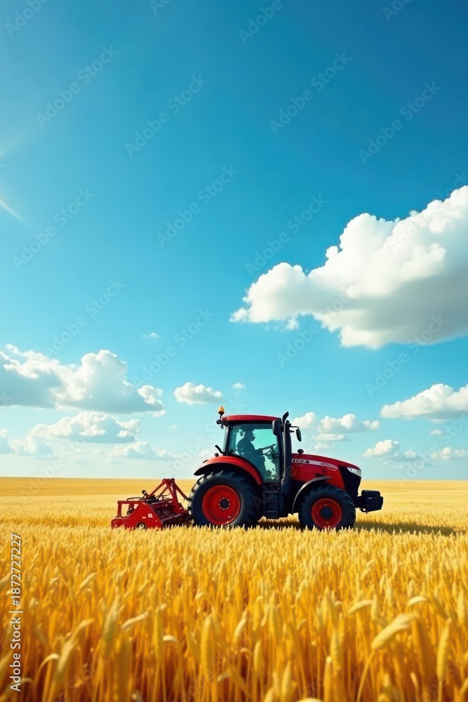 Fototapeta premium A vibrant red tractor cultivates a sun-drenched field of golden grain under a bright summer sky, showcasing the beauty and hard work of agriculture.