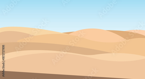 Sand dunes with blue sky. Desert landscape isolated on white background