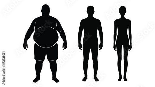 Silhouettes illustrating varying human body types and weight differences