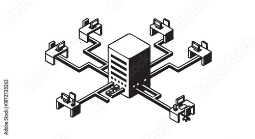 Centralized computer server connected to multiple workstations in a network diagram, isometric view