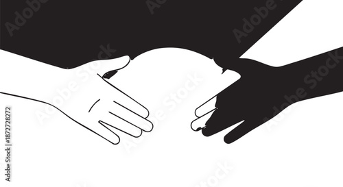 Two hands, one white and one black, reaching out and shaking in the middle, symbolizing agreement and unity