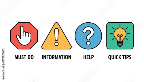 Colored with text for instructions and guidance information help on white background.
