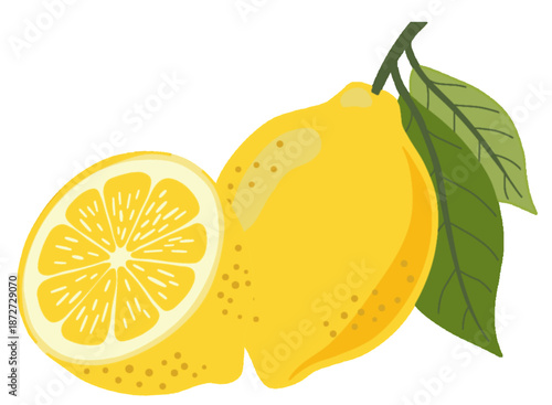Whole and Half Lemon with Green Leaves