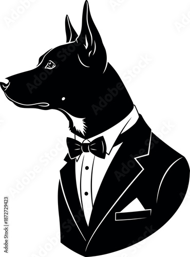 Silhouette of a doberman in a tuxedo